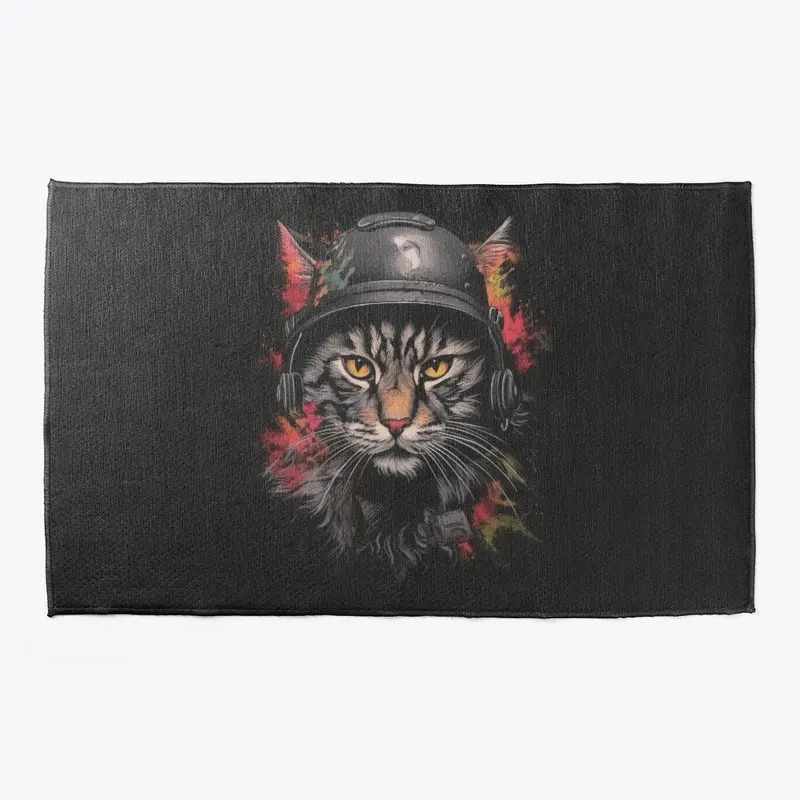 cat soldier with stealhelm welcome mat