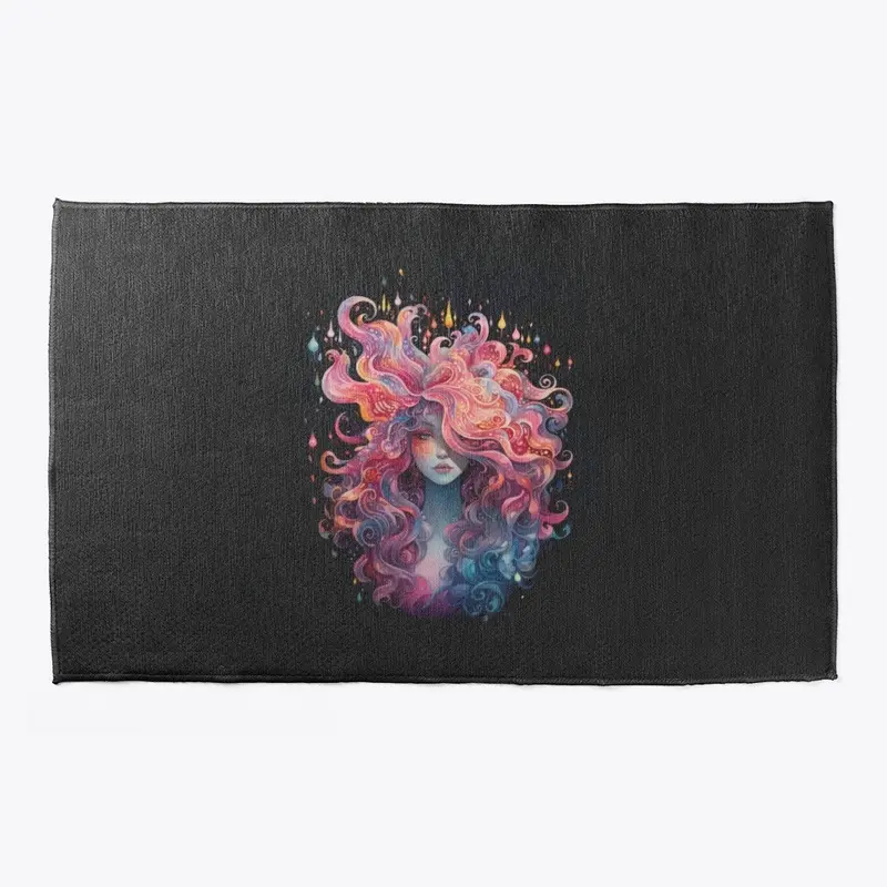 dreamy colorful female head welcome mat