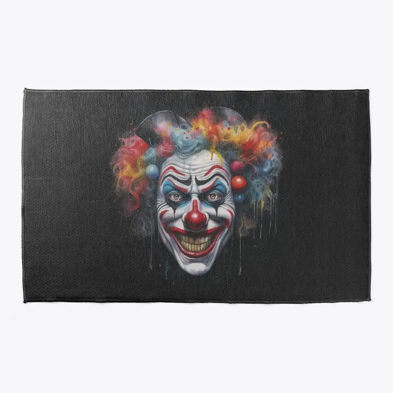 a crazy smiling clown face mat